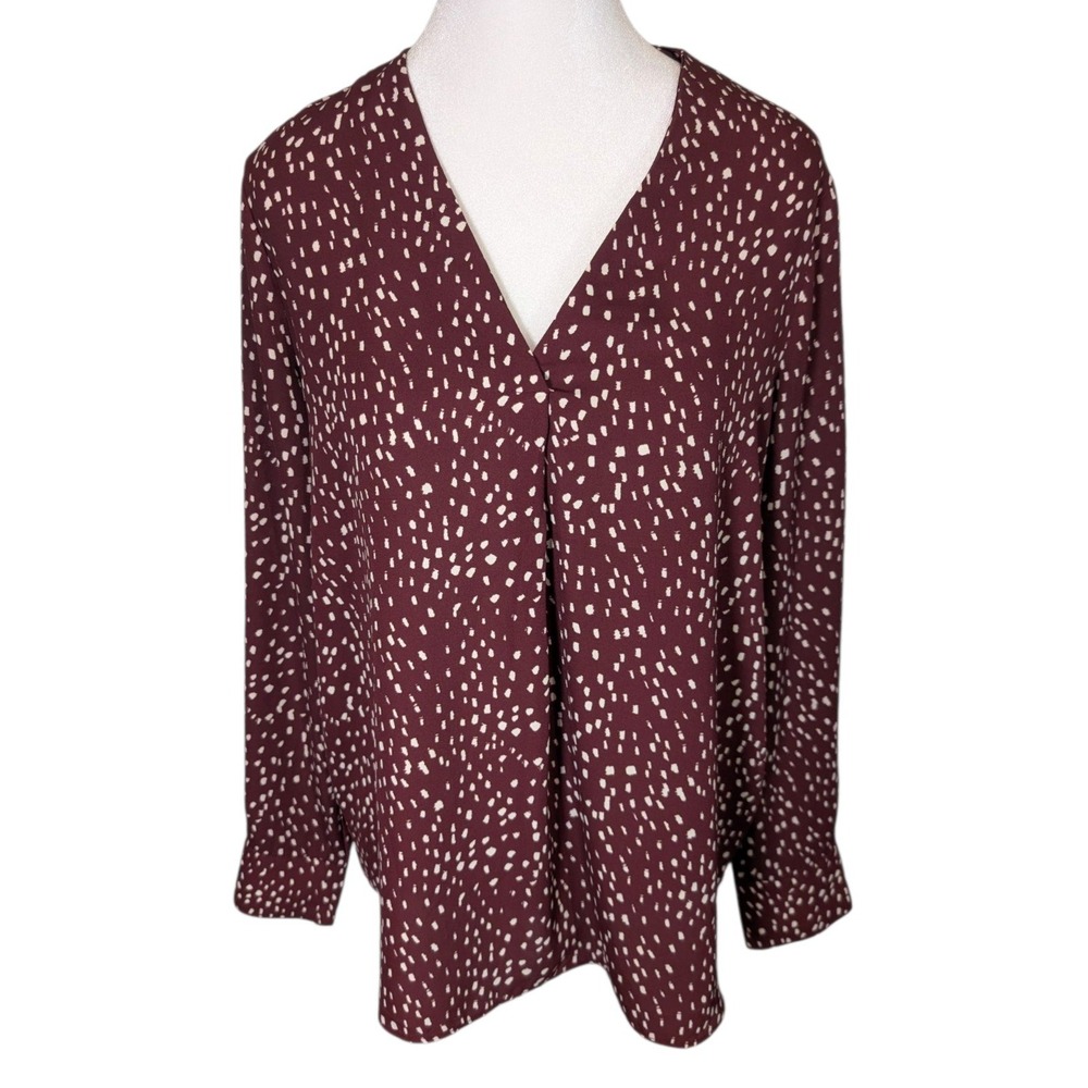 Banana Republic Womens Burgundy Abstract Dash Print V-Neck Pleated Blouse Small